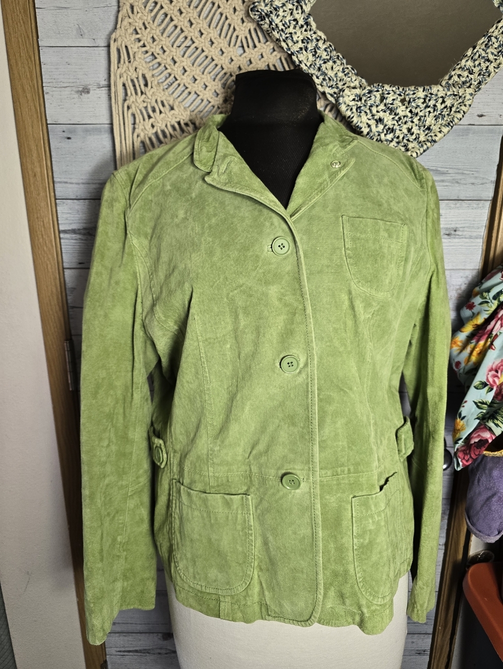 Vtg Handmade Green Suede Embellished Sequin Denim Flower Detail Blazer Jacket - Picture 3 of 7